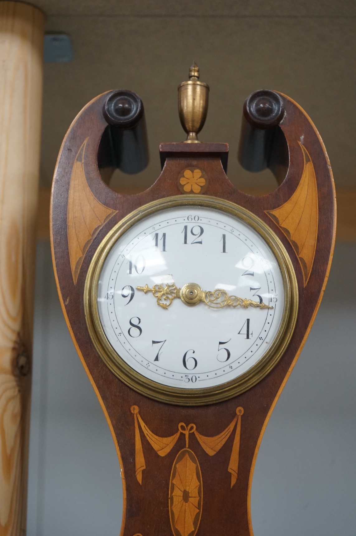 An Edwardian inlaid mahogany mantel timepiece, 28cm high